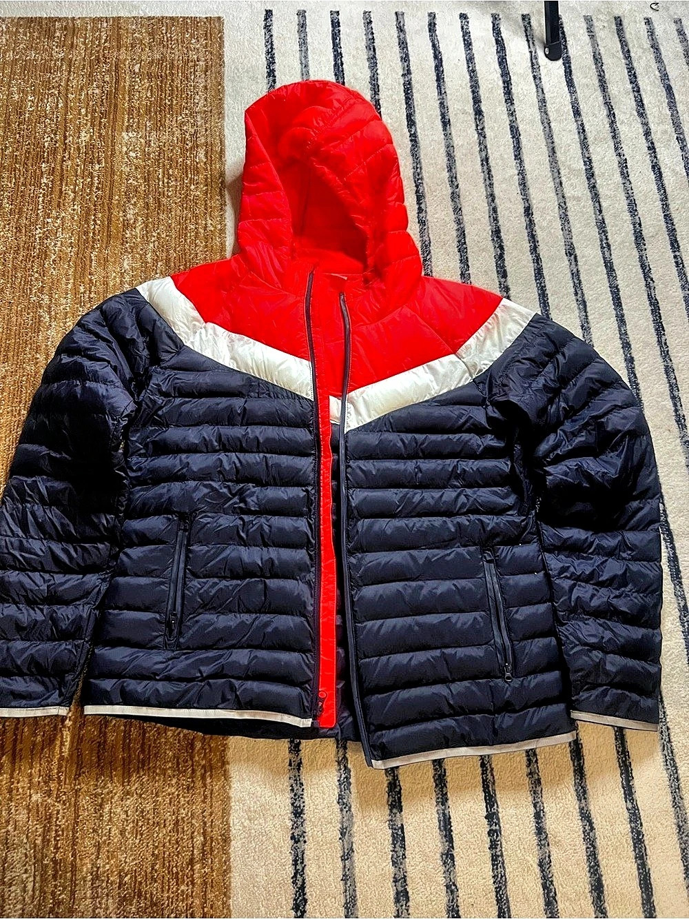 Gap GapFit Colorblock Puffer Jacket Blue, White & Salmon Pink Large